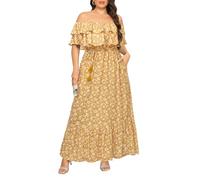 Plus Size Off The Shoulder Maxi Long Casual Layered Ruffle Beach Sundress Women Pocket 2024, Yellow Floral, 18 Plus