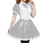 Plus Size Preppy Style Lolita Dress Pleated Patchwork PVC High Waist Short Sleeve Short A-line Con Casual Outings Silver