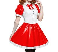 Plus Size Preppy Style Lolita Dress Pleated Patchwork PVC High Waist Short Sleeve Short A-line Con Casual Outings Red