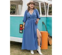 Plus Size Ruched Slit Three-Quarter Sleeve Midi Dress- Blue Everyday The Label Blue 22