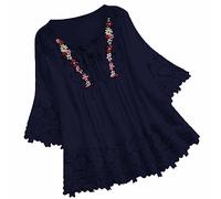 Plus Size S-5XL Women's Cotton Linen Blouse,Elegant Embroidery Flowers Lace Shirts,Hollow Lace Up Tops Chemise Navy