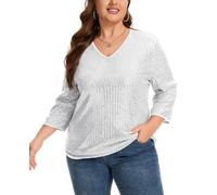 Plus Size Sequin Blouse Womens Glitter Top 3/4 Sleeve Casual Wear,White XXL