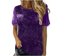 Plus Size Sequin Top Womens Sequin Top Sparkly Tops for Women UK Ladies Party Tops Going Out Top Glittery Tops for Women UK Short Sleeve Velvet Patchwork Oversized Shining Glitter Pullover