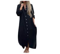 Plus Size Shirt Dress for Women UK Cotton Linen Dress Button Down Beach Maxi Dresses Lapel Tunic Casual Long Dresses Plain Baggy Going Out Dresses Floaty Summer Long Sleeve Dresses for Office Work