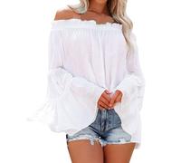 Plus Size Shirts for Women Oversized Loose Off The Shoulder Ladies Ruffle Lantern Long Sleeves Cuff Fashion Classy Solid One Shoulder Stylish Cotton Linen Shirt Tops Baggy Blouse (White, S)