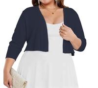 Plus Size Shrugs for Women 3/4 Sleeve Cropped Cardigan Knit Sweaters Open Front Bolero, Navy Blue, 5X-Large