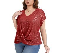 Plus Size Sparkly Sequin Top Women Twist Knot Party Blouse(Red XL)