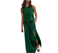 Plus Size Summer Dresses with Pockets for Women UK Sleeveless Maxi Dresses Casual Side Slit Long Dresses Ladies Tank Dress Elastic Waist Sundress Beach Holiday Going Out Dress 01 Army Green L