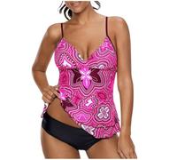 Plus Size Swimming Costume with Shorts,Two Piece Tankini Sets Ladies Swimsuits Tummy Control Swimwear Vintage Floral Print Swim Tank Tops High Waist Briefs Beach Bathing Suit Women UK Sale Pink