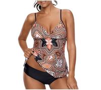 Plus Size Swimming Costume with Shorts,Two Piece Tankini Sets Ladies Swimsuits Tummy Control Swimwear Vintage Floral Print Swim Tank Tops High Waist Briefs Beach Bathing Suit Women UK Sale Orange