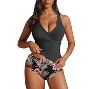 Plus Size Swimwear for Women Twisted Front Tummy Control Tops with Chest Cushion Criss Cross Back Two Piece Tankini Swimwear Casual Beach Sports Surfing Swimsuits