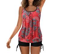 Plus Size Tankini for Women with Shorts UK Tummy Control Swimsuit Modest Tank Top with Sports Bra Vintage Floral Print Swim Tank Tops Bikini High Waist 2 Pieces Bathing Suit Beach Wear
