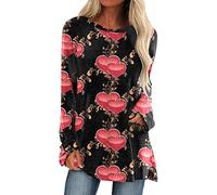 Plus Size Top Long Sleeve O-Neck T-Shirt Valentine's Day Print Loose Top Blouse 2 Pieces, black, XXL