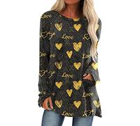 Plus Size Top Long Sleeve O-Neck T-Shirt Valentine's Day Print Loose Top Blouse Home Sea Women, yellow, M