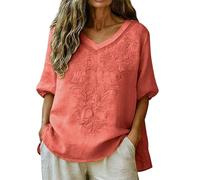 Plus Size Tops for Women Cotton Linen Boho Tops Half Sleeve Floral Embroidery Tunic Blouses Loose Fit V Neck Bohemian T-Shirts Solid Colour Bubble Hem Tunics Retro Women's Beachwear
