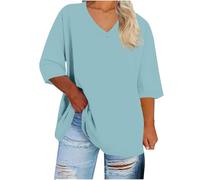 Plus Size Tops for Women Oversized Basic Tshirt Solid Casual 3/4 Sleeve Shirts Loose V Neck Tunic Tops Lightweight Cozy Everyday T-Shirt Baselayers Spring Summer Trendy