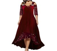 Plus Size Velvet Dresses for Women UK Sequin Cocktail Dress V Neck Pleated Maxi Dresses Half Sleeve Tunic Evening Dresses Sparkly Glitter Party Dresses Wedding Guest Gown Wine