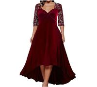 Plus Size Velvet Dresses for Women UK Sequin Cocktail Dress V Neck Pleated Maxi Dresses Half Sleeve Tunic Evening Dresses Sparkly Glitter Party Dresses Wedding Guest Gown Red