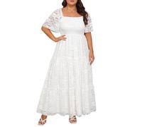 Plus Size Wedding Dress Bride Boho Lace Formal Square Neck Ruffle Sleeves Long Dresses for Curvy Women, White, 26 Plus