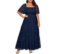Plus Size Wedding Dress Bride Boho Lace Square Neck Long Maxi Dresses | Square Neck Ruffle Sleeves Lace Dresses for Curvy Women Photoshoot Smocked Tiered Flowy Wedding Guest Bridesmaid Dress