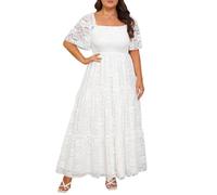 Plus Size Wedding Dress Bride Boho Lace Square Neck Long Maxi Dresses | Square Neck Ruffle Sleeves Lace Dresses for Curvy Women Photoshoot Smocked Tiered Flowy Wedding Guest Bridesmaid Dress