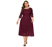 Plus Size Wedding Guest Dress for Women Vintage 3/4 Sleeve Floral Lace Cocktail Party Dresses Pleated A-Line Evening Dresses Formal Prom Gown Boho Summer Birthday Midi Dresses with Pockets Deep red XL