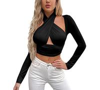 Plus Size Women Blouses Women Criss Cross Halter Neck Crop Vest Top Long Sleeves Front Cutout Wrap Top Shirt Solid Color Buckle Top Stripe Tee Black