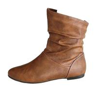 Plus Size Women Leather Ankle Boots Flat Heel Slip On Mid Calf Booties Round Toe Short Boot For Casual Comfor Party Shoes(Light brown,4.5 UK)