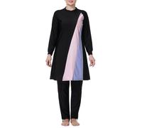 Plus Size Women’s Muslim Swimsuit Islamic Arabic Modest Swimwear Long Sleeve Color Block Swim Top Dress with Pants and Hijab Burkini Swimming Costume