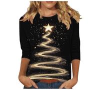 Plus Size Women's Christmas Tops UK 3/4 Sleeve Round Neck Christmas Tree Print Pullover Loose Casual Xmas Jumper and T-Shirt for Winter Gathering Lounge Wear (S-5XL)