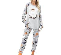 Plus Size Women's Halloween Pyjamas Button-Through Ghost Print | Classic collared top with matching straight trousers and patch pockets for curve-friendly lounging or bedtime
