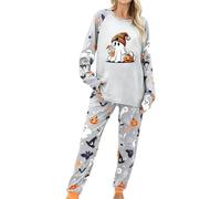 Plus Size Women's Halloween Pyjamas Button-Through Ghost Print | Classic collared top with matching straight trousers and patch pockets for curve-friendly lounging or bedtime