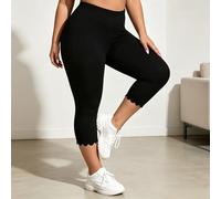 Plus Size Women's High Waisted Scallop Hem Capri Pants Solid Slim Fit Cropped Trousers Swimming Leggings