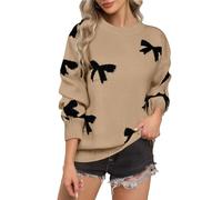 Plus Size Women's Jumpers Bow Jacquard Crewneck Jumper For Women UK Ribbed Cuffs Baggy Loose Knit Womens Sweaters Fashion Elegant Fall Winter Sweater Casual Daily Travel Long Sleeve Tops Pullover