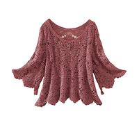 Plus Size Women's Jumpers Lace Crochet Crewneck Solid Color Jumper for Woman UK Petal Sleeve Hem Loose Fashion Spring Autumn Womens Sweaters Daily Holiday Travel Sweater Long Sleeve Tops Pullover