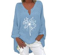 Plus Size Women's Linen Tops Dandelion Summer Tee Shirts Long Sleeve V Neck Flower Print Graphic Blouse Cotton Linen T-Shirt Casual Loose Elegant Blouses Ladies UK Sale Clearance
