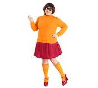 Plus Size Women's Scooby Doo Velma Fancy Dress Costume, Orange Turtleneck Sweater & Knee High Socks, Red Skirt & Glasses 1X