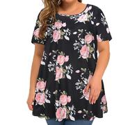Plus Size Womens Tops Summer Oversized T Shirts Short Sleeve Floral Tunic Blouse Casual Loose Tees(Black Pink Rose,5XL)