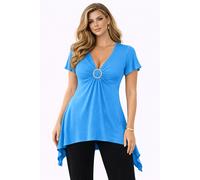 Eye Catch Womens Plus Size V Neck Asymmetric Tunic Top UK 14-28 - Crystal Ring Ruched Bust Detail - Short Sleeve Handkerchief Hem Blouse - Elegant Smart Casual Evening Top Turquoise
