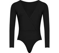 Plus Size Womens Wrap Long Sleeve V Neck Ladies Bodysuit Leotard Top - Black - 18-20