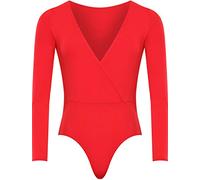 Plus Size Womens Wrap Long Sleeve V Neck Ladies Bodysuit Leotard Top - Red - 18-20