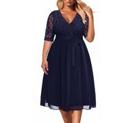 Plus Size Wrap V Neck Midi Casual Wedding Guest Short Flutter Sleeve Summer Dress, Navy Blue, 22 Plus