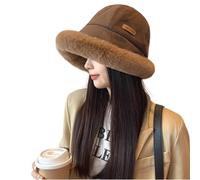 VNDUIFH Plus Velvet Thickened Bucket Hat，Women's Fashion Coldproof Padded Faux Fur Trimmed Fisherman Hat，Faux fur wide brim bucket hat (D,one size)