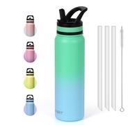 pluseight 32 oz Insulated Water Bottle With Straw, Double Wall Vacuum Wide Mouth BPA Free Leak-Proof for Sports, Gym or Office, BPA-Free Keep Cold 24H Hot 12H (Green-Blue)