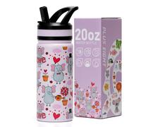 pluseight Kids Insulated Water Bottle with Straw Lid, 20 oz BPA-FREE Double Wall Vacuum Tumbler 18/8 Stainless Steel Leak Proof Kids Cups with Straw for School Travel Boys Girls (Love Elephant)