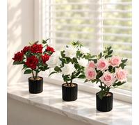 PlusFive 3Pcs 40cm Artificial Roses in Pot, Red/Pink/White Fake Roses | Silk Flowers,Red Roses Pink Roses White Rose,Faux Flowers That Look Real,Artificial Flowers for Graves,Table Decorations,