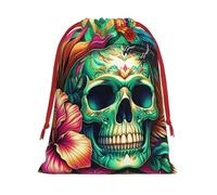 Plush Abstract-Skull-Hummingbirds-Flowers Christmas Drawstring Present Bags Large Size, Soft Velvet Goodie Bags With Red Ribbon Closure For Holiday Party Favors And Present Wrapping