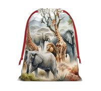 Plush African-Wildlife-Harmony Christmas Drawstring Present Bags Large Size, Soft Velvet Goodie Bags With Red Ribbon Closure For Holiday Party Favors And Present Wrapping