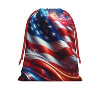 Plush American-Flag-Stars-Flames Christmas Drawstring Present Bags Large Size, Soft Velvet Goodie Bags With Red Ribbon Closure For Holiday Party Favors And Present Wrapping