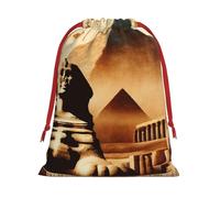 Plush Ancient-Egyptian-Civilization-Sphinx Christmas Drawstring Present Bags Large Size, Soft Velvet Goodie Bags With Red Ribbon Closure For Holiday Party Favors And Present Wrapping